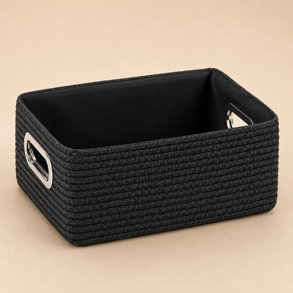 Cestino Portaoggetti Nero con Manici – 28 x 20 x H 12 cm
