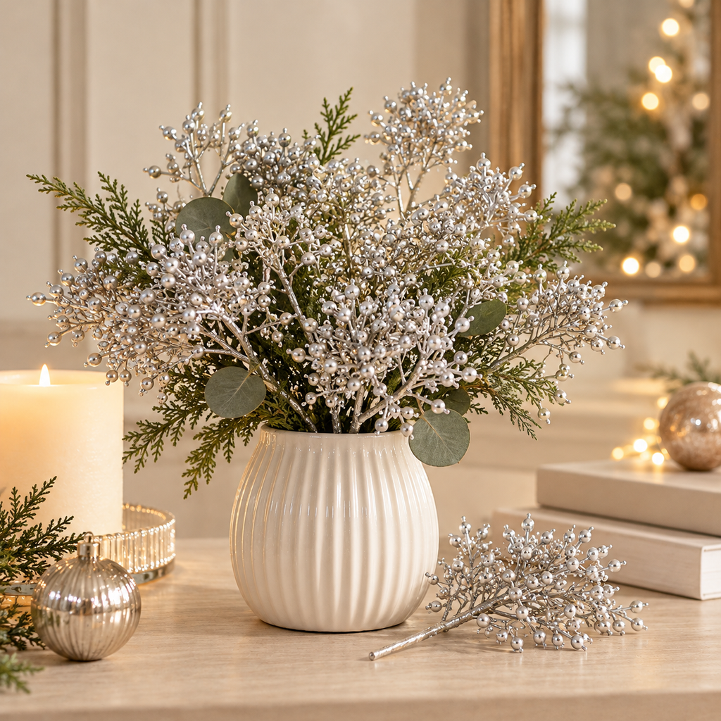 Ramo Decorativo Skimmia Chic Argento Metallizzato con Bacche 20cm