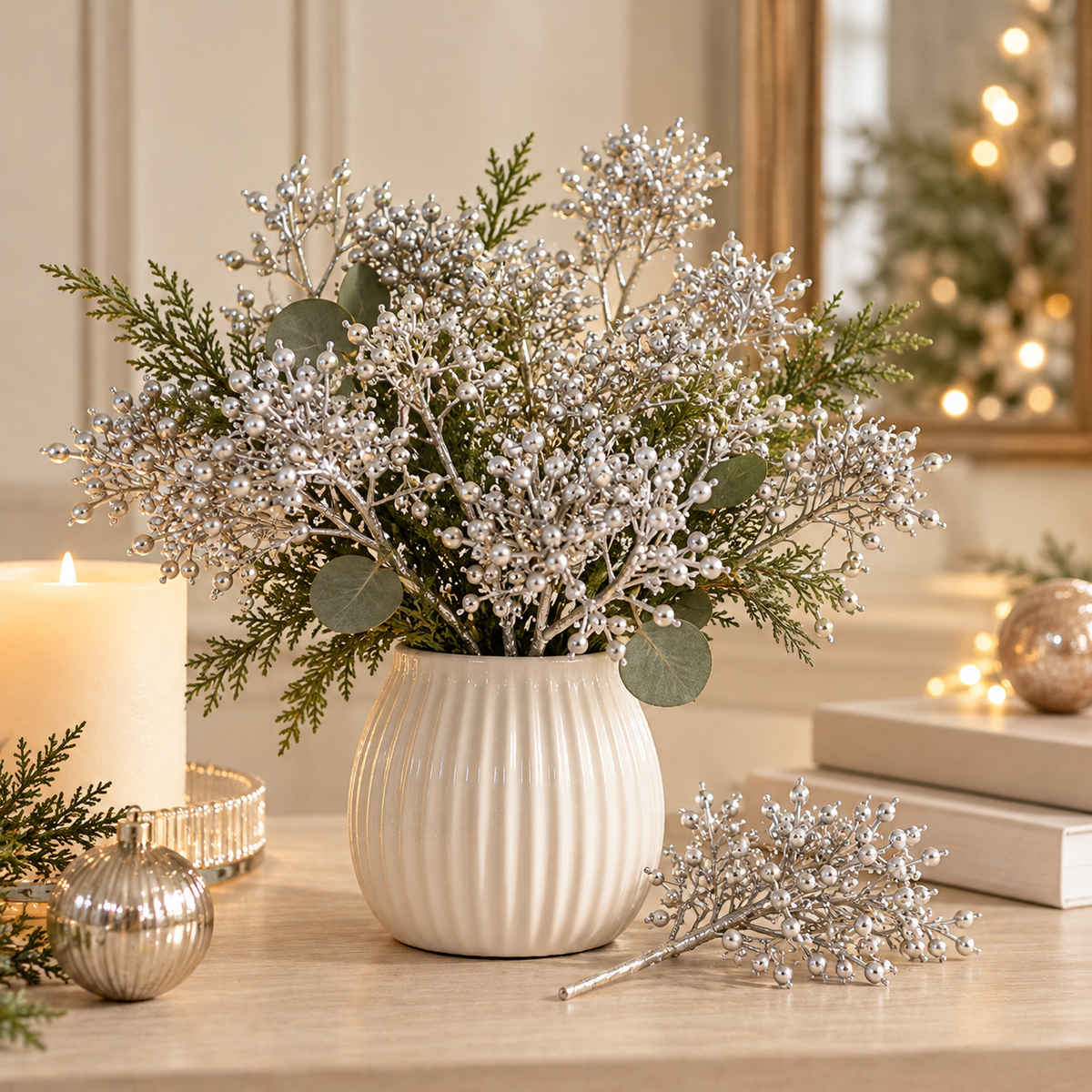 Ramo Decorativo Skimmia Chic Argento Metallizzato con Bacche 20cm