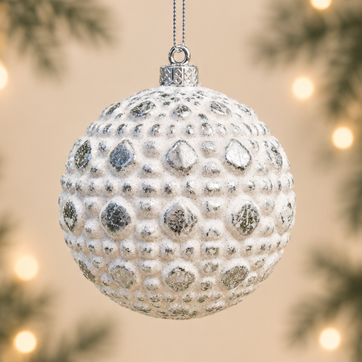 Sfera di Natale Bianco e Argento con Rilievi Glitter Ø 10 cm in PVC