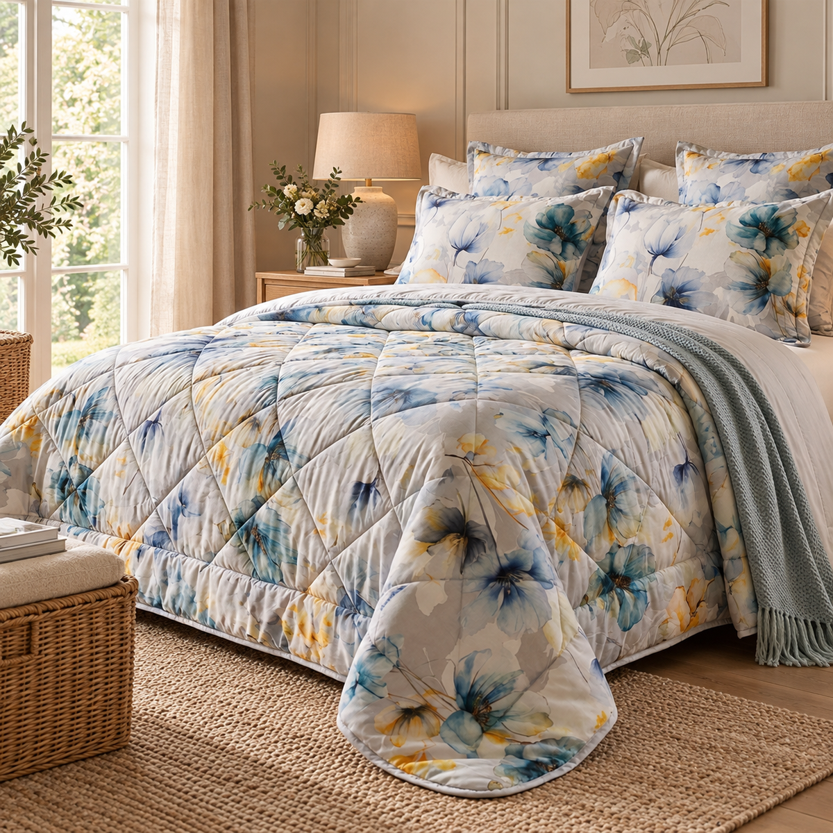 Trapunta Matrimoniale Invernale Bloom Saffo in Raso di Puro Cotone 300 T.C. con Fantasia Floreale Azzurro e Giallo 260 x 270 cm – Tessitura Randi