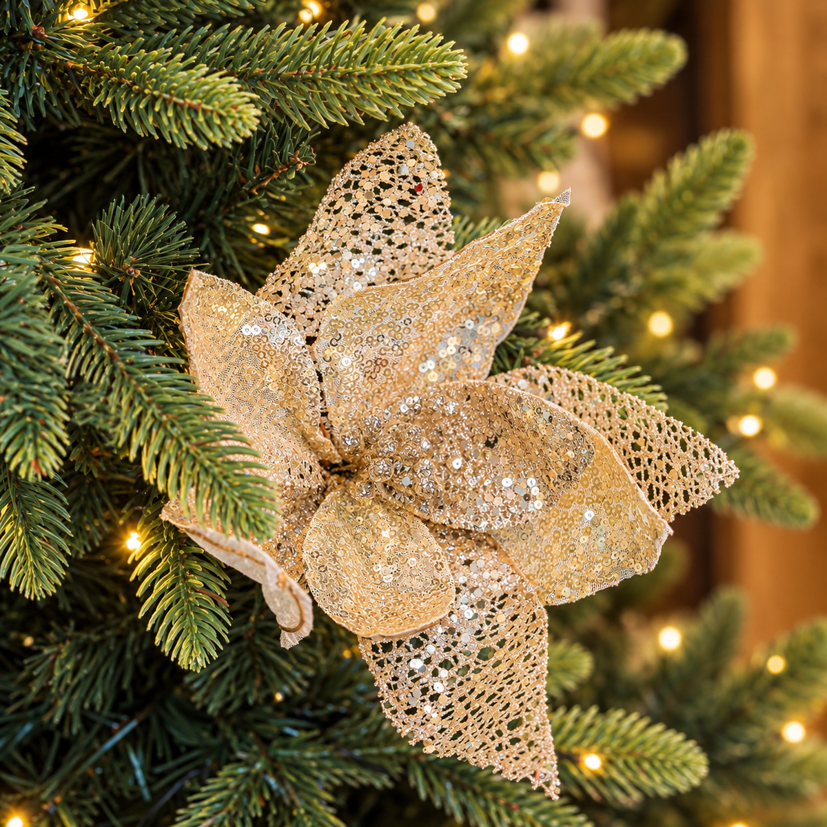 Stella di Natale Oro Glitter con Petali Traforati, Paillettes e Clip di Fissaggio – 21 cm