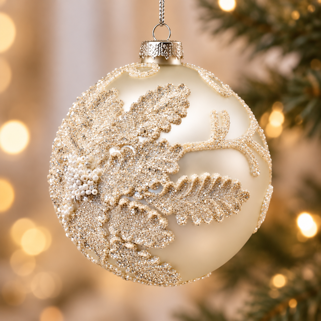 Sfera di Natale in Vetro Bianco con Decoro Foglie Glitter Ø 10 cm