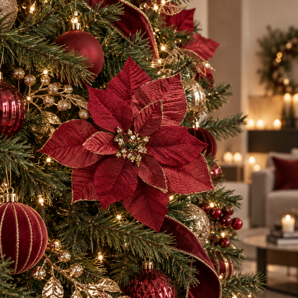 Stella di Natale Burgundy Bordeaux con Petali Effetto Velluto e Dettagli Dorati – Ø 25 cm