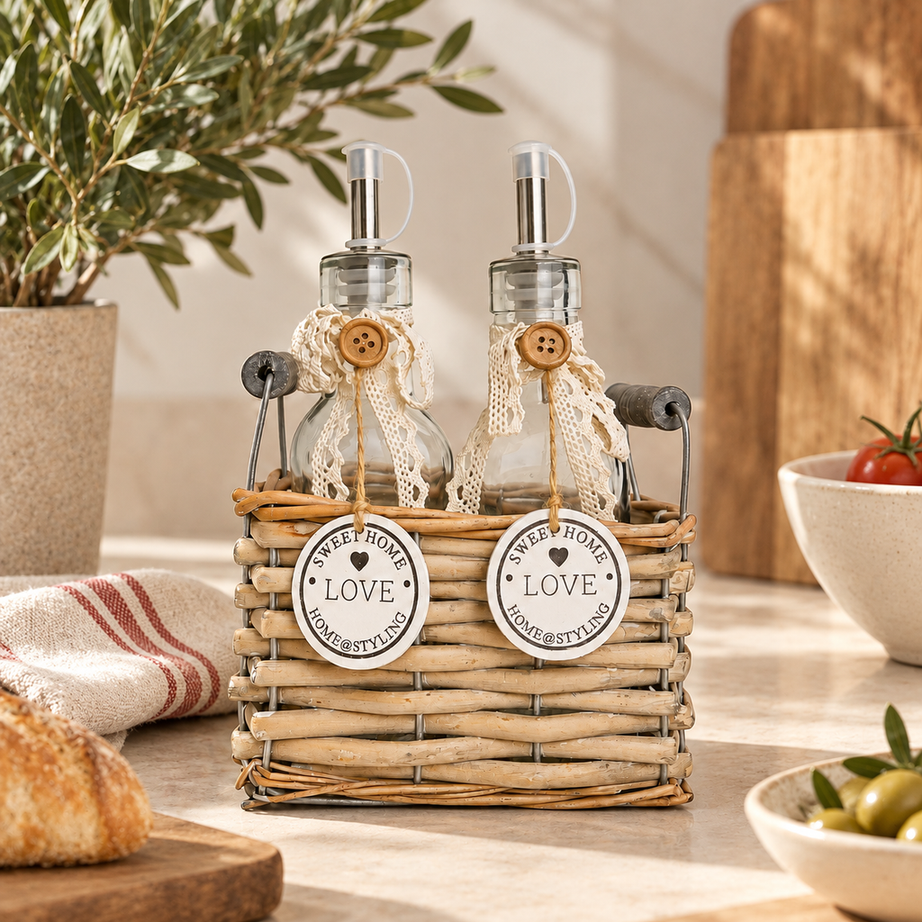 Set Olio e Aceto con 2 Bottiglie in Vetro e Cestino in Rattan Naturale – Stile Country Chic con Pizzo e Cuori Decorativi