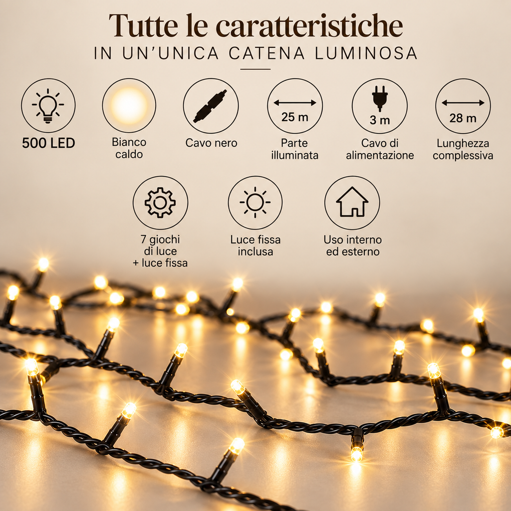 Catena Luminosa 500 LED Bianco Caldo 25 m con 7 Giochi di Luce – Interno ed Esterno