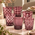 Set 6 Bicchieri Acqua Luxury in Vetro Rosa Malva con Decori Geometrici Assortiti