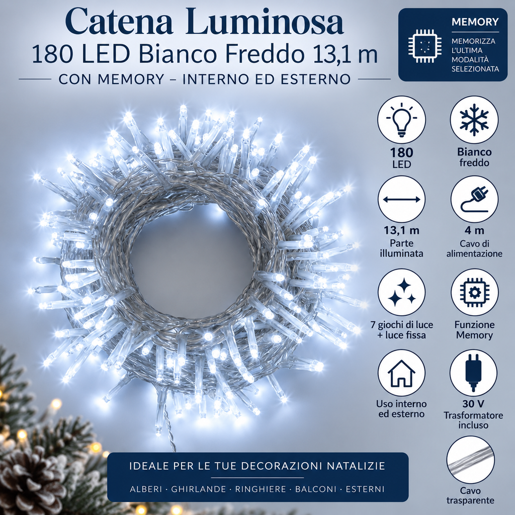 Catena Luminosa 180 LED Bianco Freddo 13,1 m con Memory – Interno ed Esterno