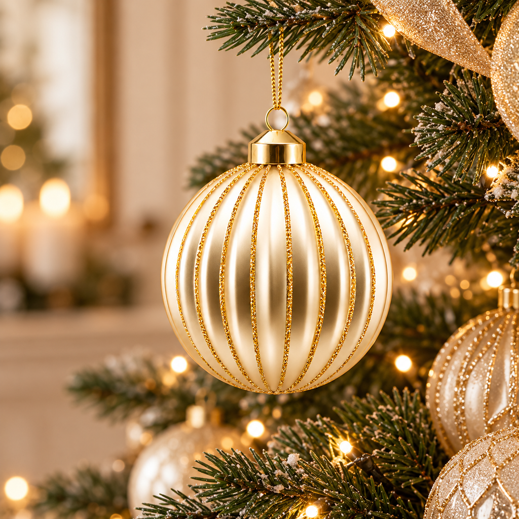 Sfera di Natale Champagne Perlato con Scanalature Verticali e Glitter Oro – Ø 10 cm