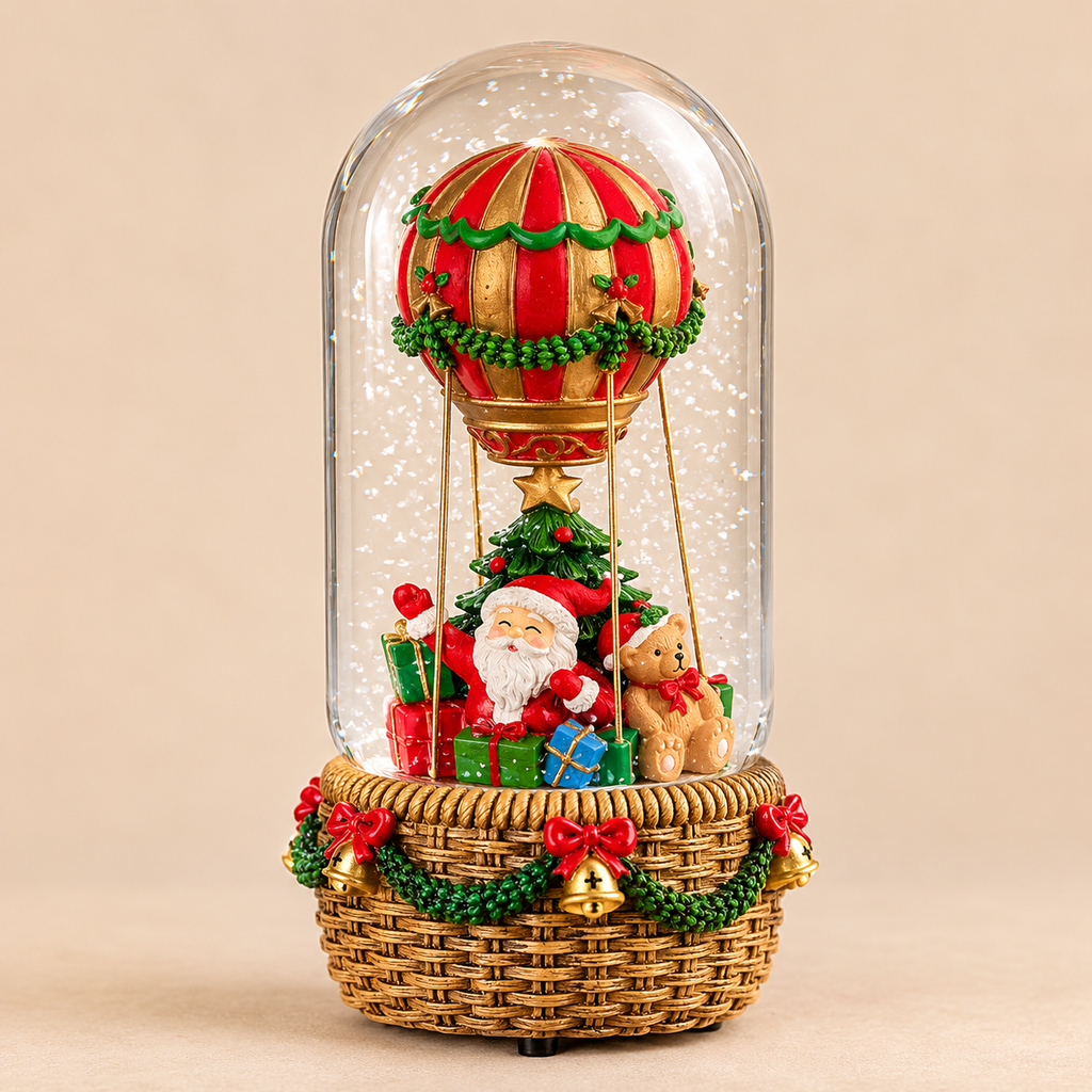 Palla di Neve Natalizia a Forma di Mongolfiera con Babbo Natale, Orsetto e Regali in Resina e Vetro – Collezione I Sogni dei Piccoli 11,5x24 cm