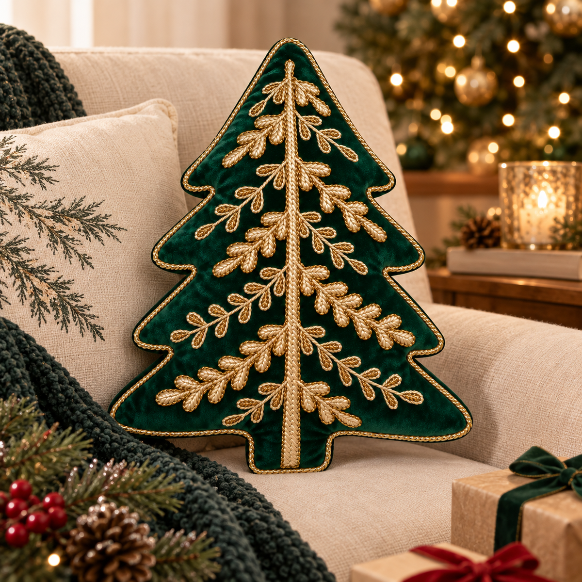 Cuscino Natalizio Sagomato Albero Verde con Applicazioni Oro 32 x 42 cm