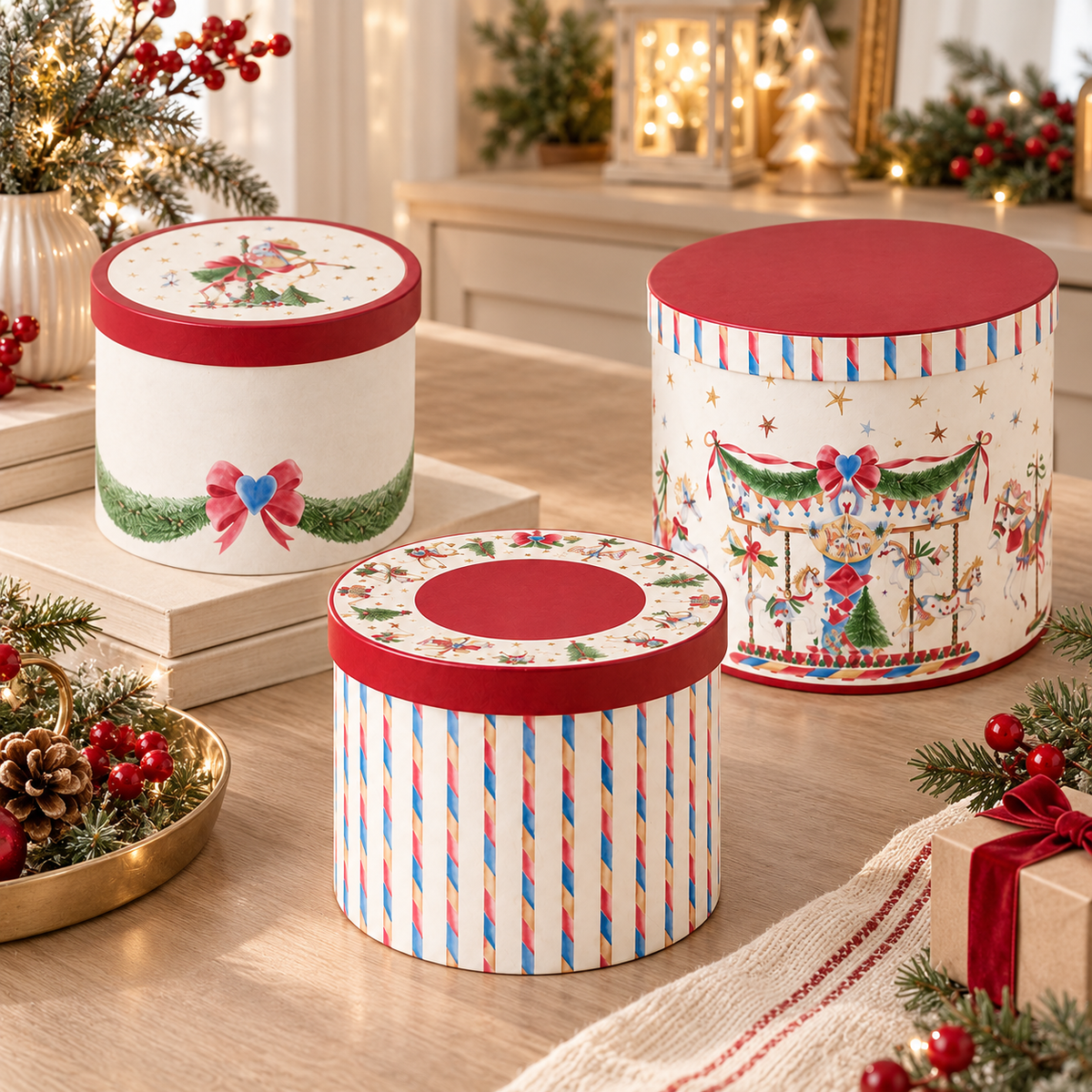 Set 3 Scatole Decorative Rotonde LA GIOSTRA DI AMELIE in Cartone con Fantasie Romantiche e Giostra Vintage – 3 Dimensioni Assortite