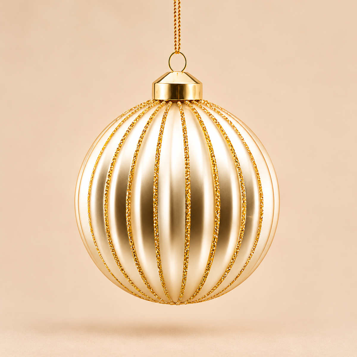 Sfera di Natale Champagne Perlato con Scanalature Verticali e Glitter Oro – Ø 10 cm