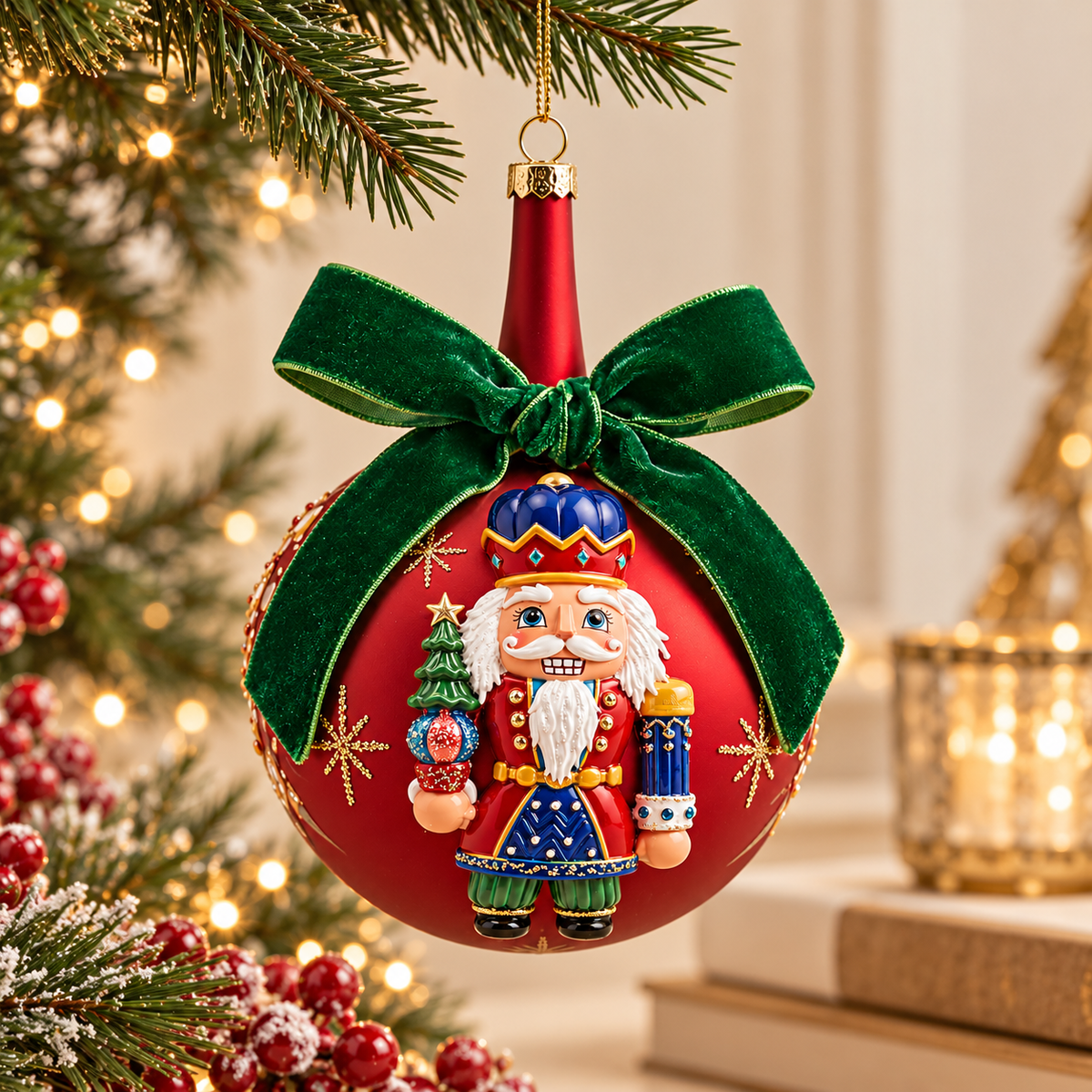 Sfera di Natale Rossa con Schiaccianoci in Rilievo e Fiocco in Velluto Verde – Ø 10 cm