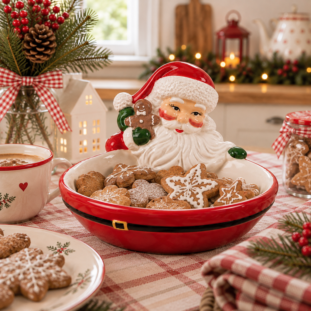 Ciotola Natalizia Decorativa Babbo Natale in Ceramica Rossa 19 x 16 x H10 cm