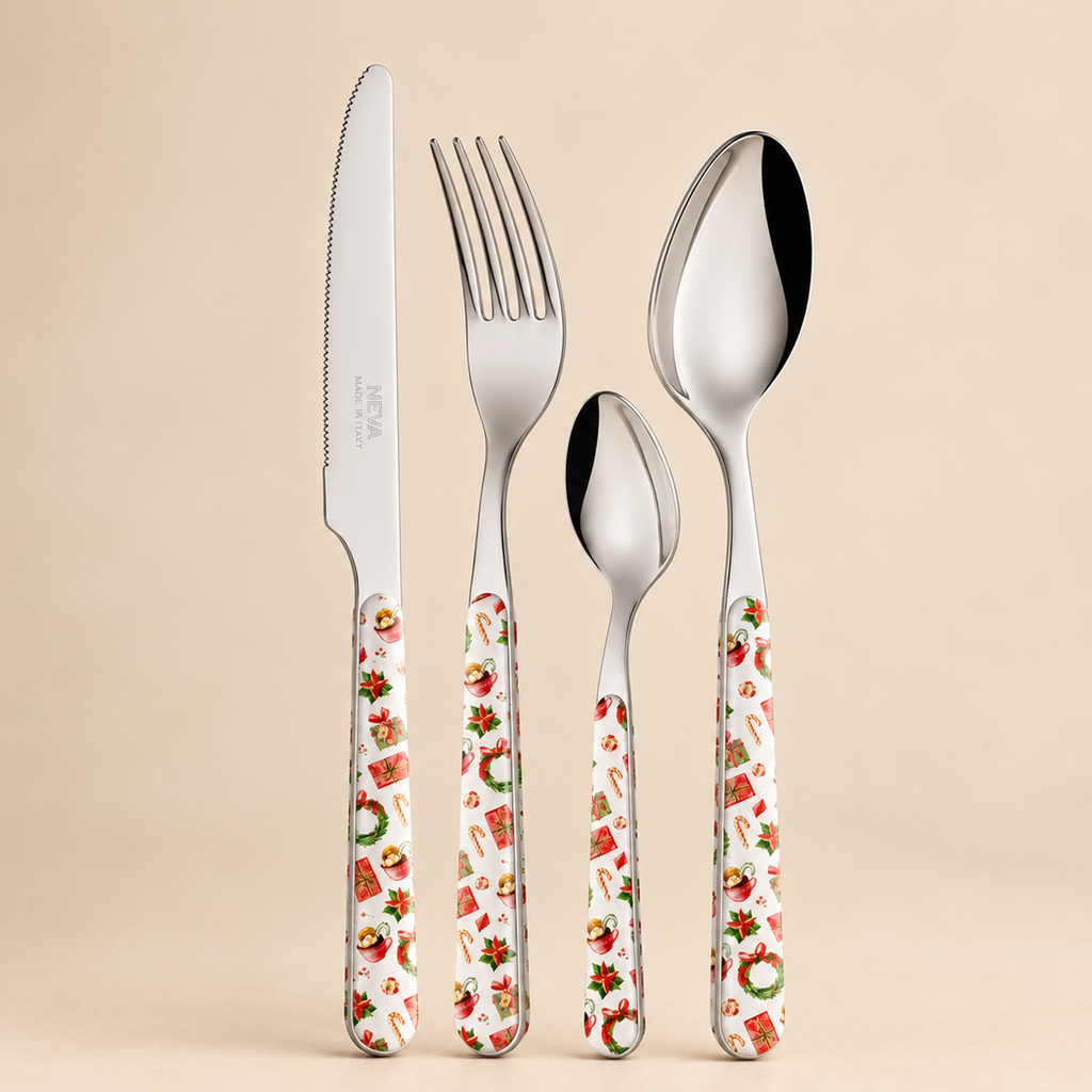 Servizio Posate 24 Pezzi Bistrot Fantasia Natalizia – Acciaio Inox con Manici Decorati