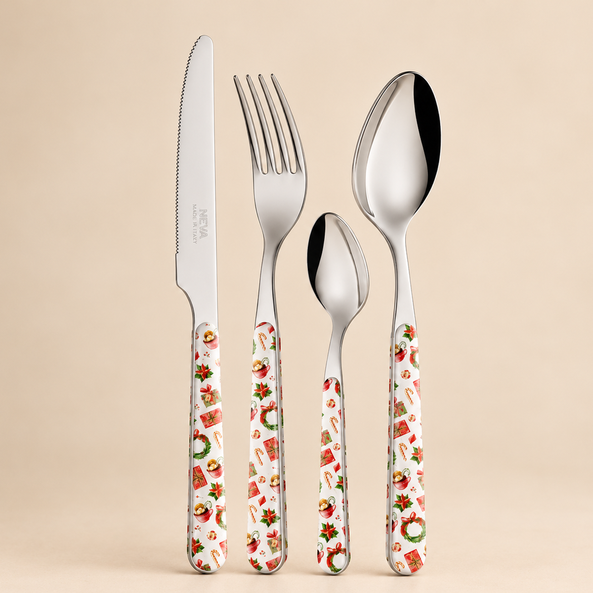 Servizio Posate 24 Pezzi Bistrot Fantasia Natalizia – Acciaio Inox con Manici Decorati