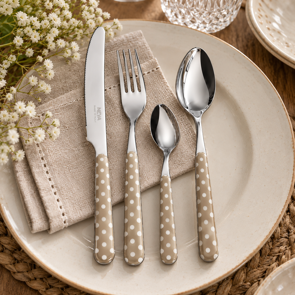 Servizio Posate 24 Pezzi Bistrot Tortora a Pois Bianchi – Acciaio Inox 18/10
