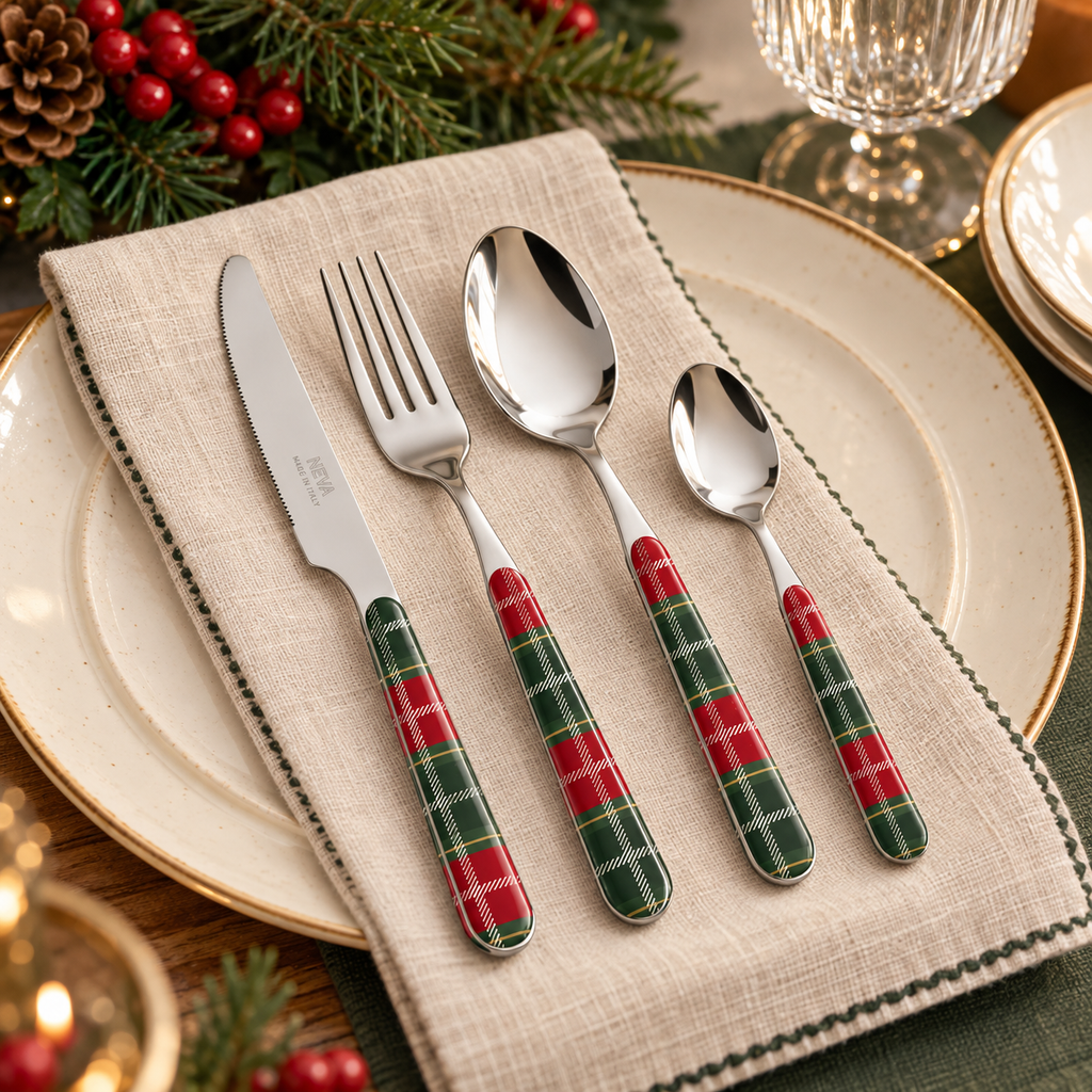 Servizio Posate 24 Pezzi Bistrot Tartan Rosso e Verde – Acciaio Inox con Manico Decorato Effetto Opaco