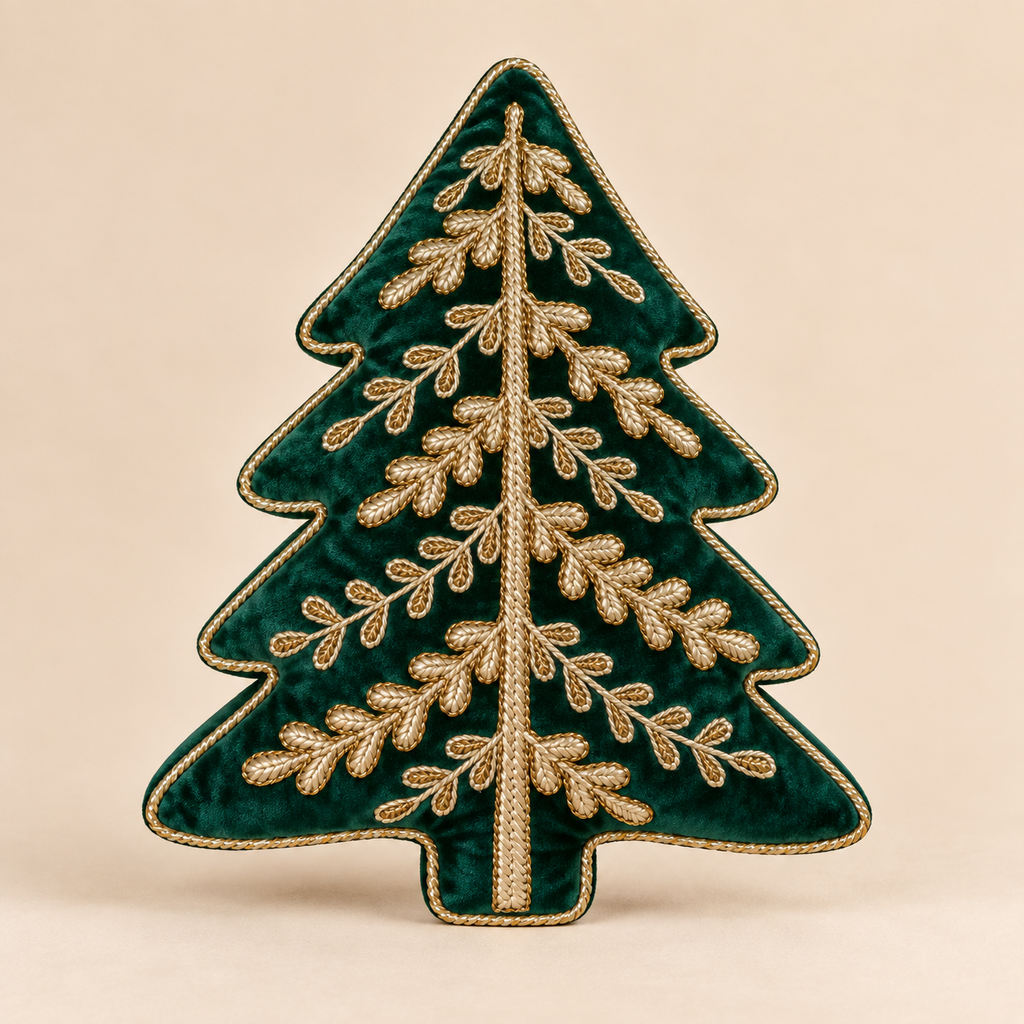 Cuscino Natalizio Sagomato Albero Verde con Applicazioni Oro 32 x 42 cm