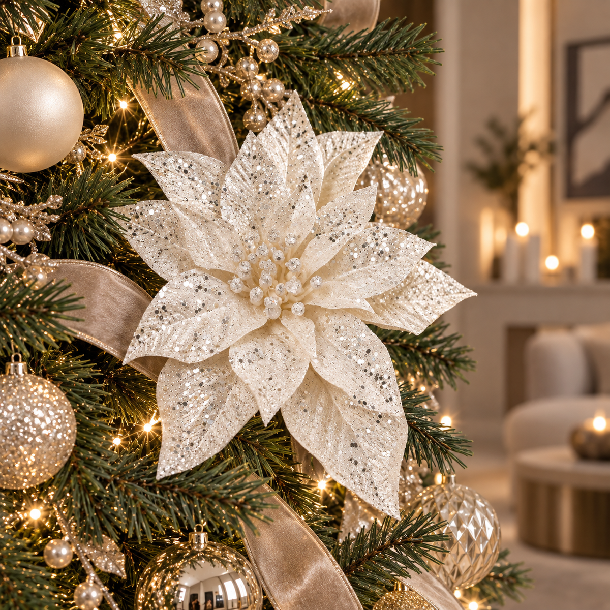 Stella di Natale Bianca e Argento con Petali Glitterati e Bacche Decorative – Ø 21 cm