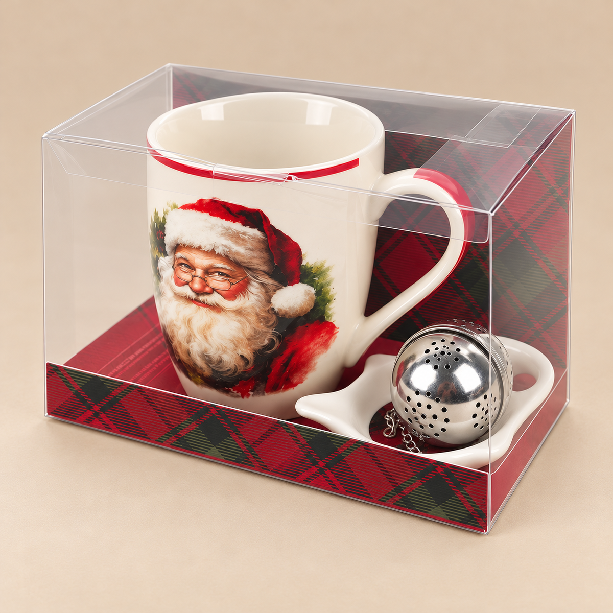 Tazza Natalizia in Ceramica con Infusore e Piattino – Decoro Babbo Natale Vintage – 350 ml