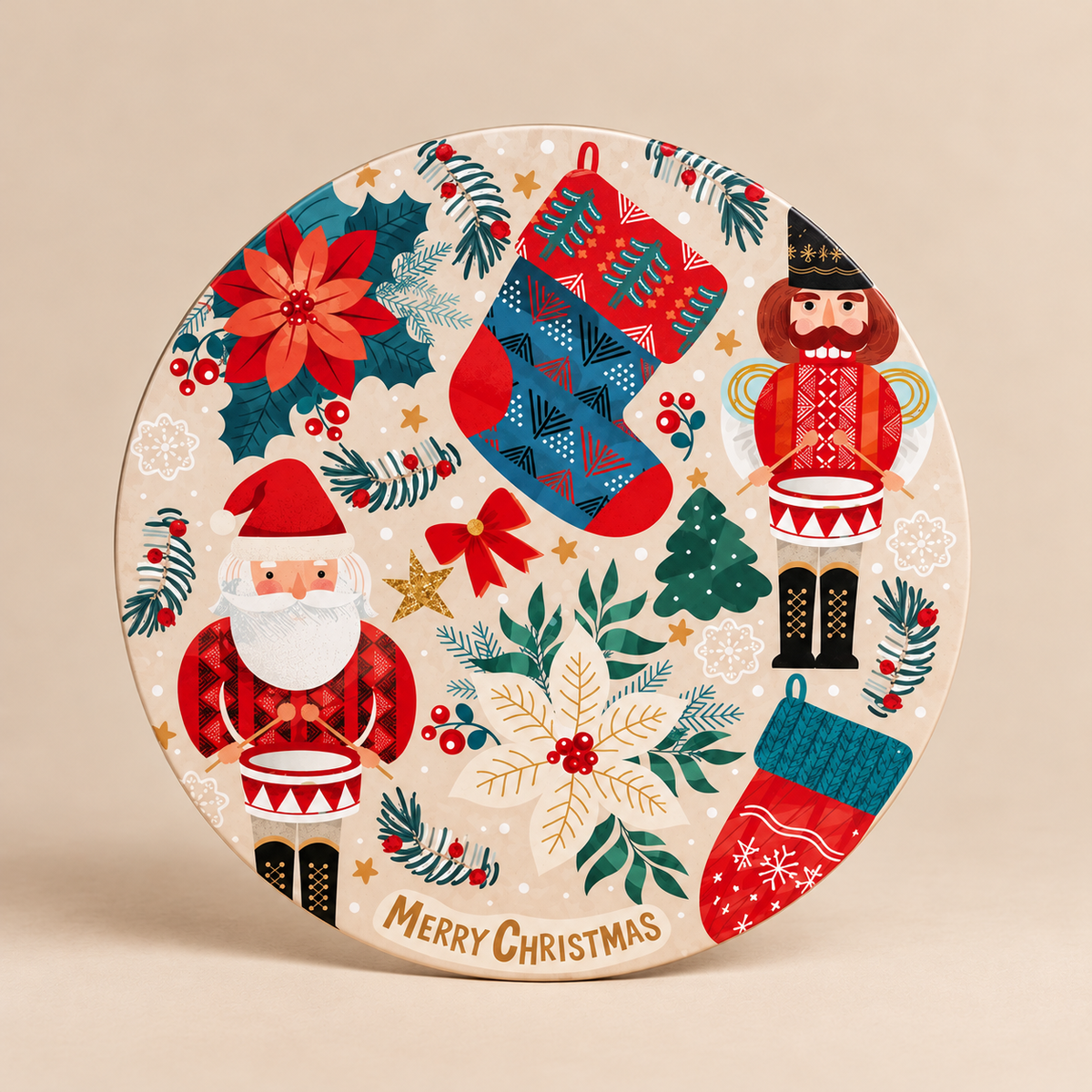 Sottopentola Natalizio Rotondo in Ceramica e Sughero con Schiaccianoci, Calze e Merry Christmas – Ø 20 cm