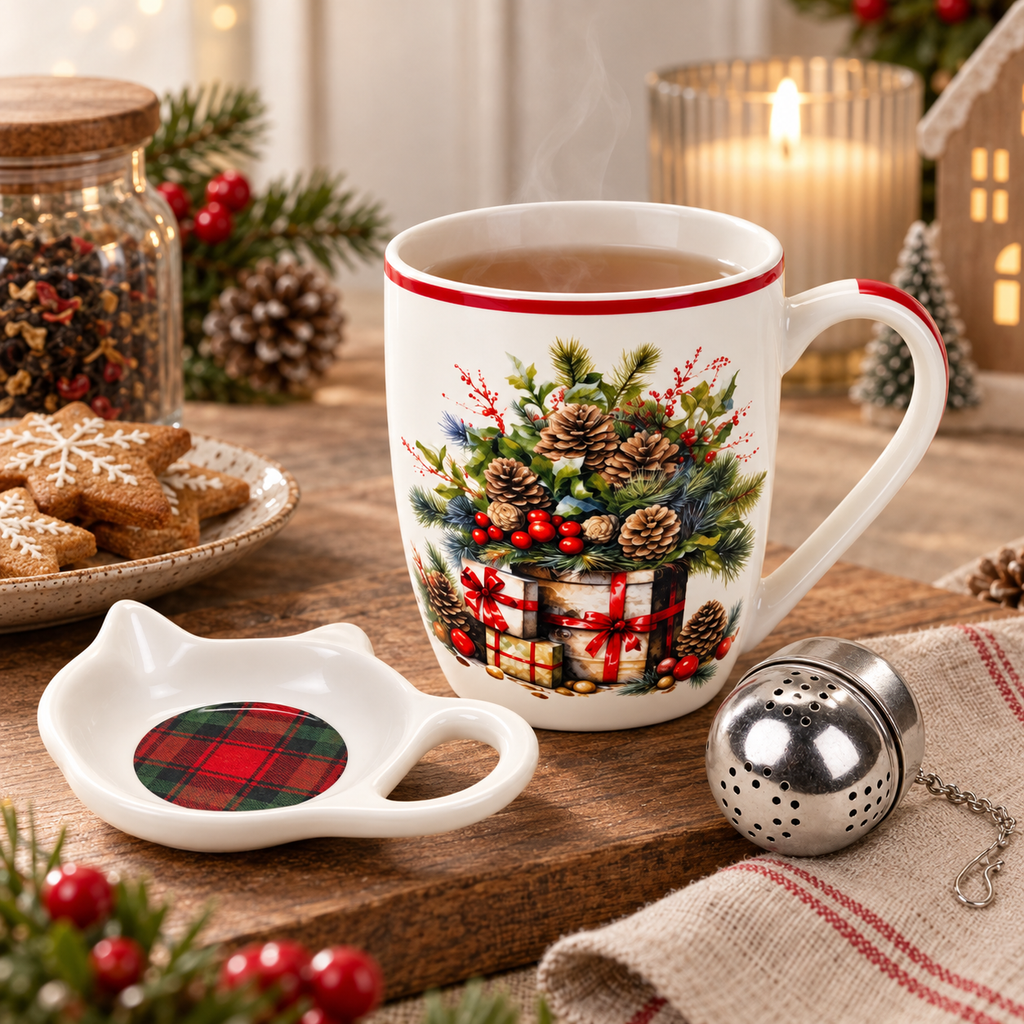 Tazza Natalizia in Ceramica con Infusore in Acciaio e Piattino – Decoro Pigne, Rami di Abete, Bacche Rosse e Pacchi Regalo – 350 ml – Con Confezione Regalo