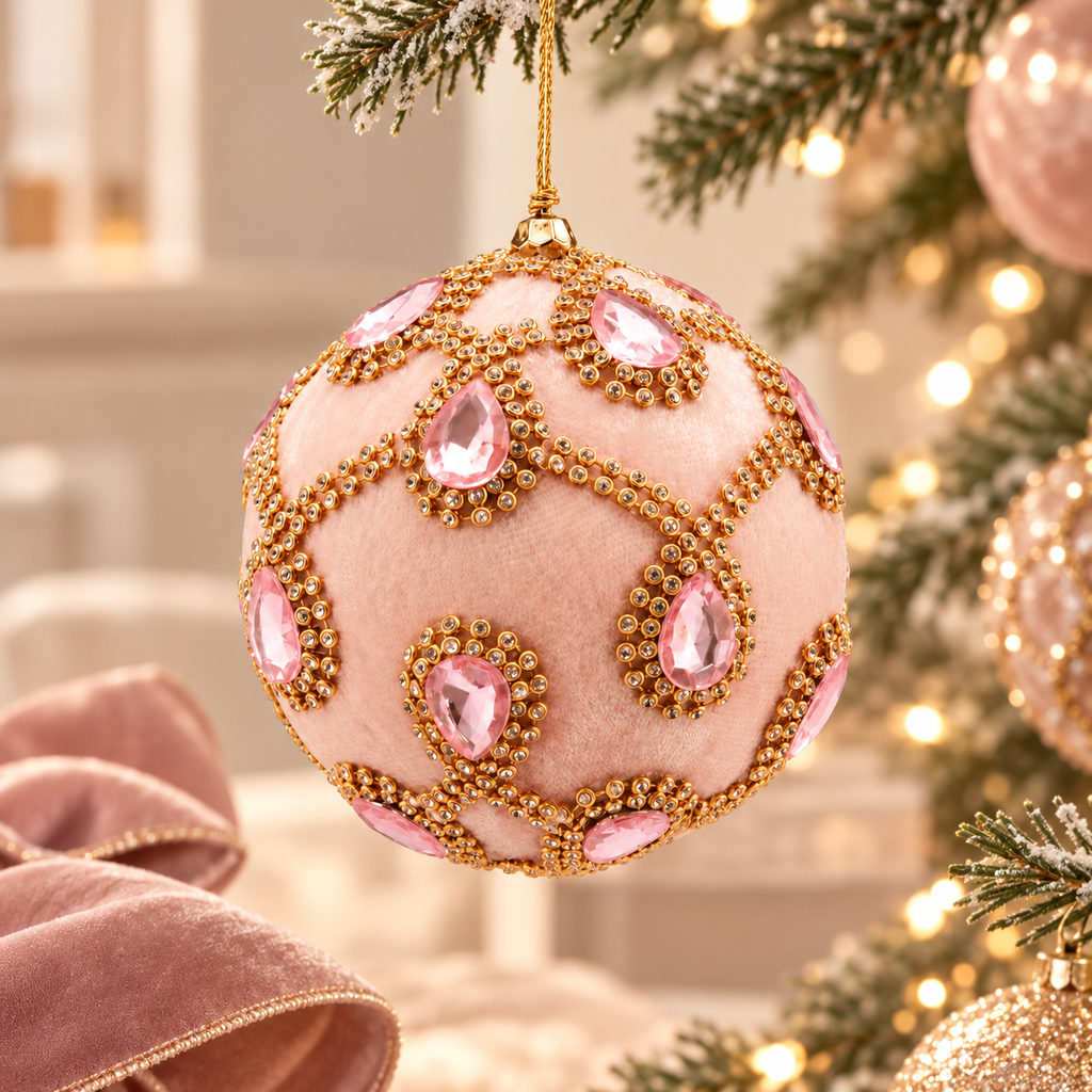 Sfera Natalizia EDG Rosa Cipria con Pietre a Goccia e Strass Dorati Ø10 cm