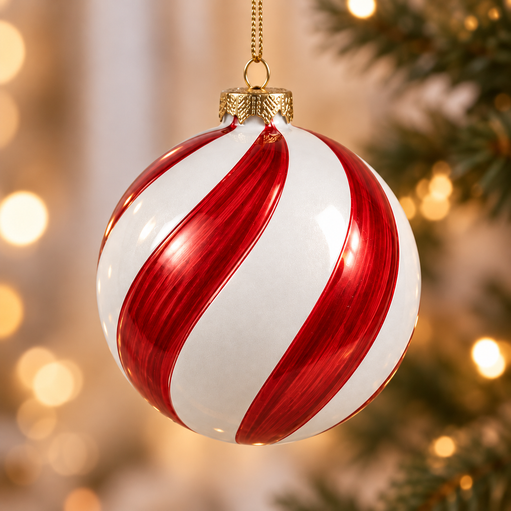 Sfera di Natale in Vetro Bianco e Rosso con Decorazione a Spirale Ø8 cm