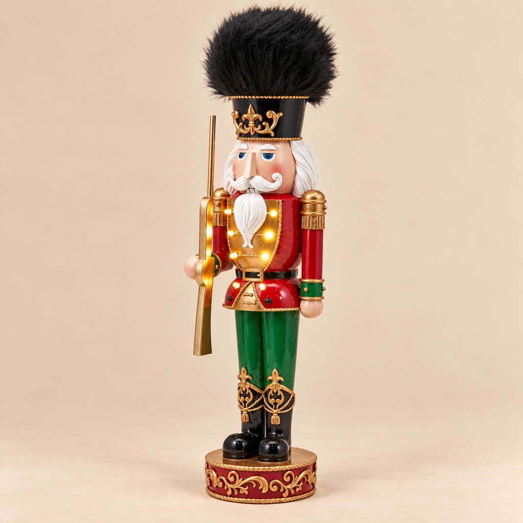 Schiaccianoci Natalizio Luminoso EDG Cappello in Pelliccia Nera Rosso Verde e Oro – H 61 cm