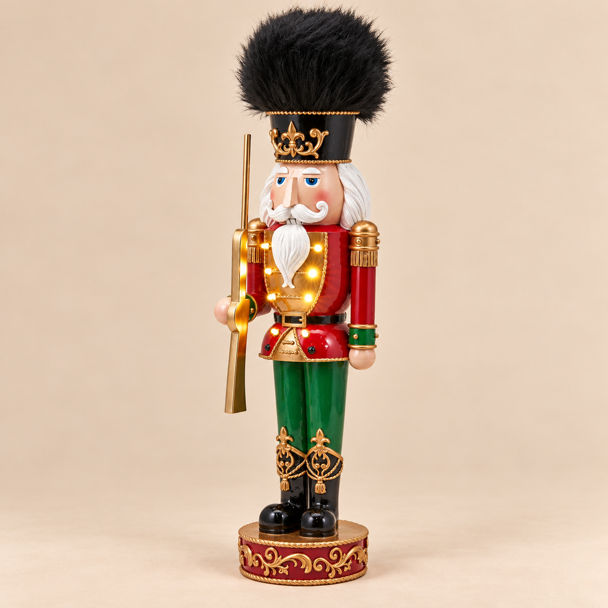 Schiaccianoci Natalizio Luminoso EDG Cappello in Pelliccia Nera Rosso Verde e Oro – H 61 cm