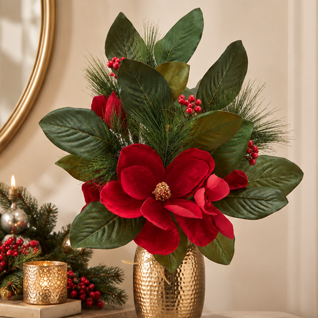 Ramo Magnolia Natalizio Rosso con Bacche e Foliage h.75cm