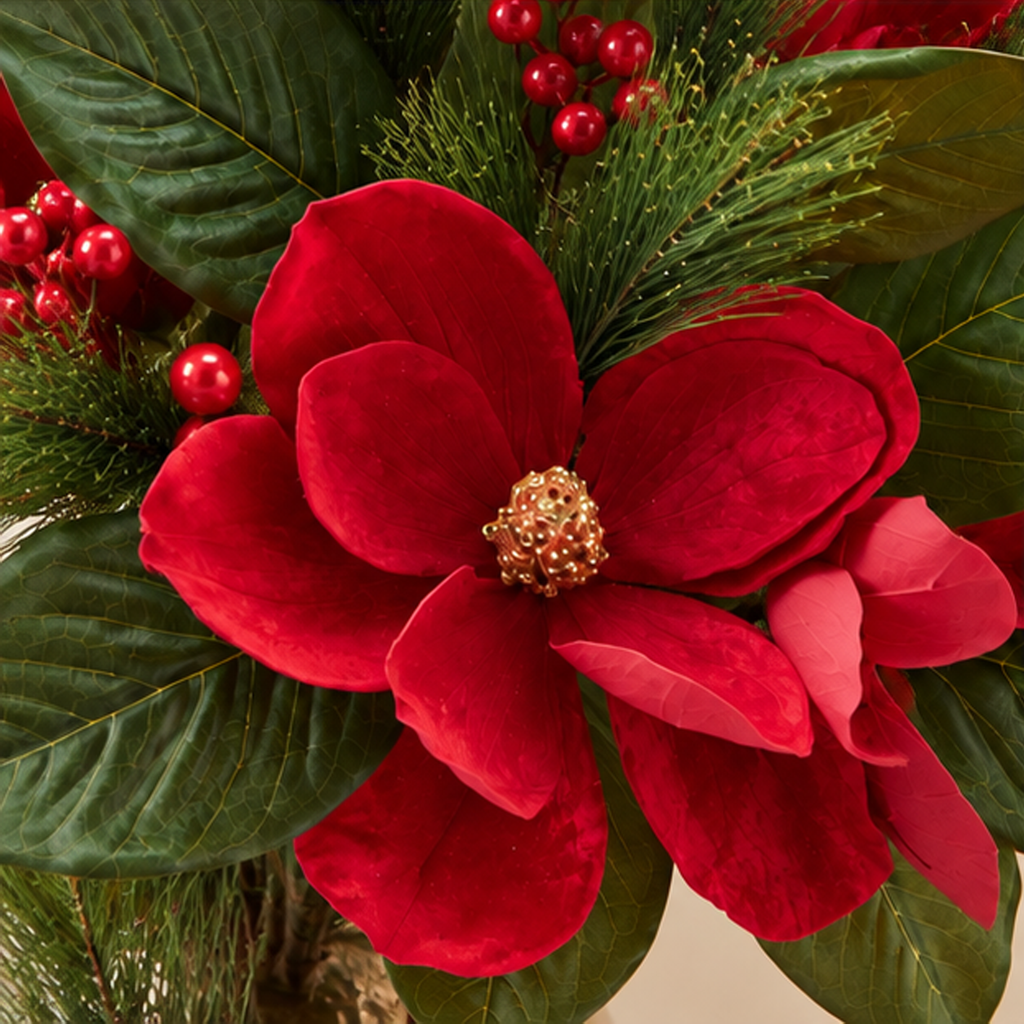 Ramo Magnolia Natalizio Rosso con Bacche e Foliage h.75cm