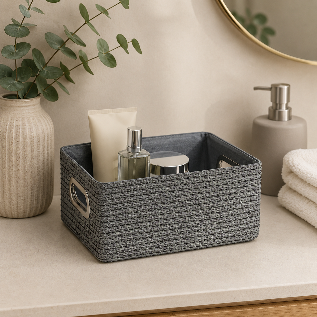 Cestino Portaoggetti grigio con Manici – 28 x 20 x H 12 cm