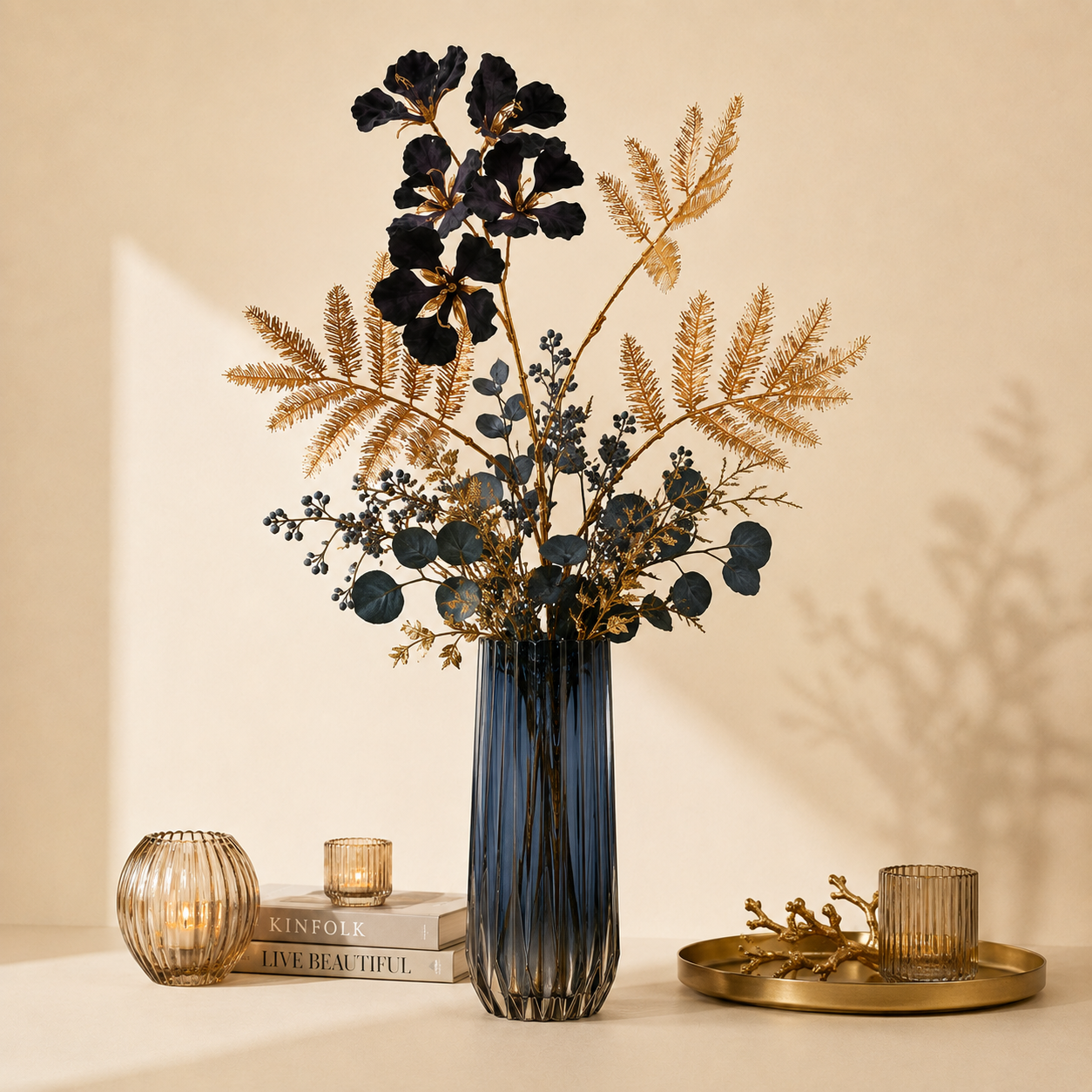 Ramo Delonix Rex Oro e Blu Notte – H 83 cm