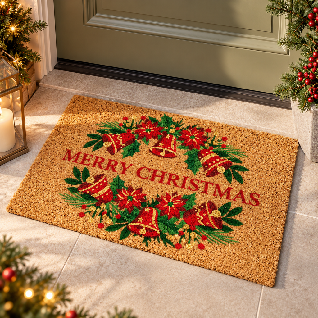 Zerbino Natalizio in Fibra di Cocco Naturale con Campanelle Rosse, Stelle di Natale e Scritta Merry Christmas – Collezione Benvenuto Natale! 75x45 cm