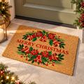 Zerbino Natalizio in Fibra di Cocco Naturale con Campanelle Rosse, Stelle di Natale e Scritta Merry Christmas – Collezione Benvenuto Natale! 75x45 cm