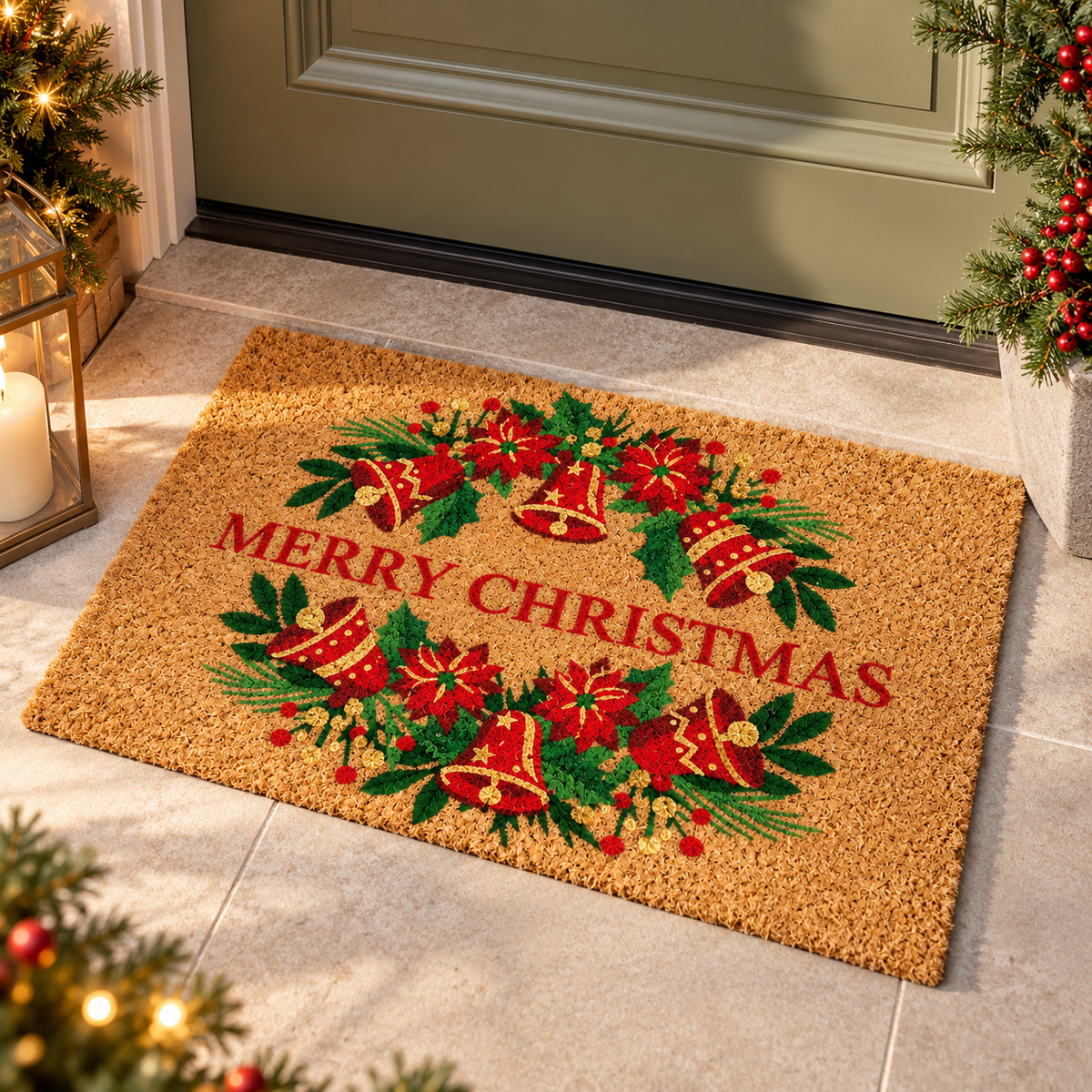 Zerbino Natalizio in Fibra di Cocco Naturale con Campanelle Rosse, Stelle di Natale e Scritta Merry Christmas – Collezione Benvenuto Natale! 75x45 cm