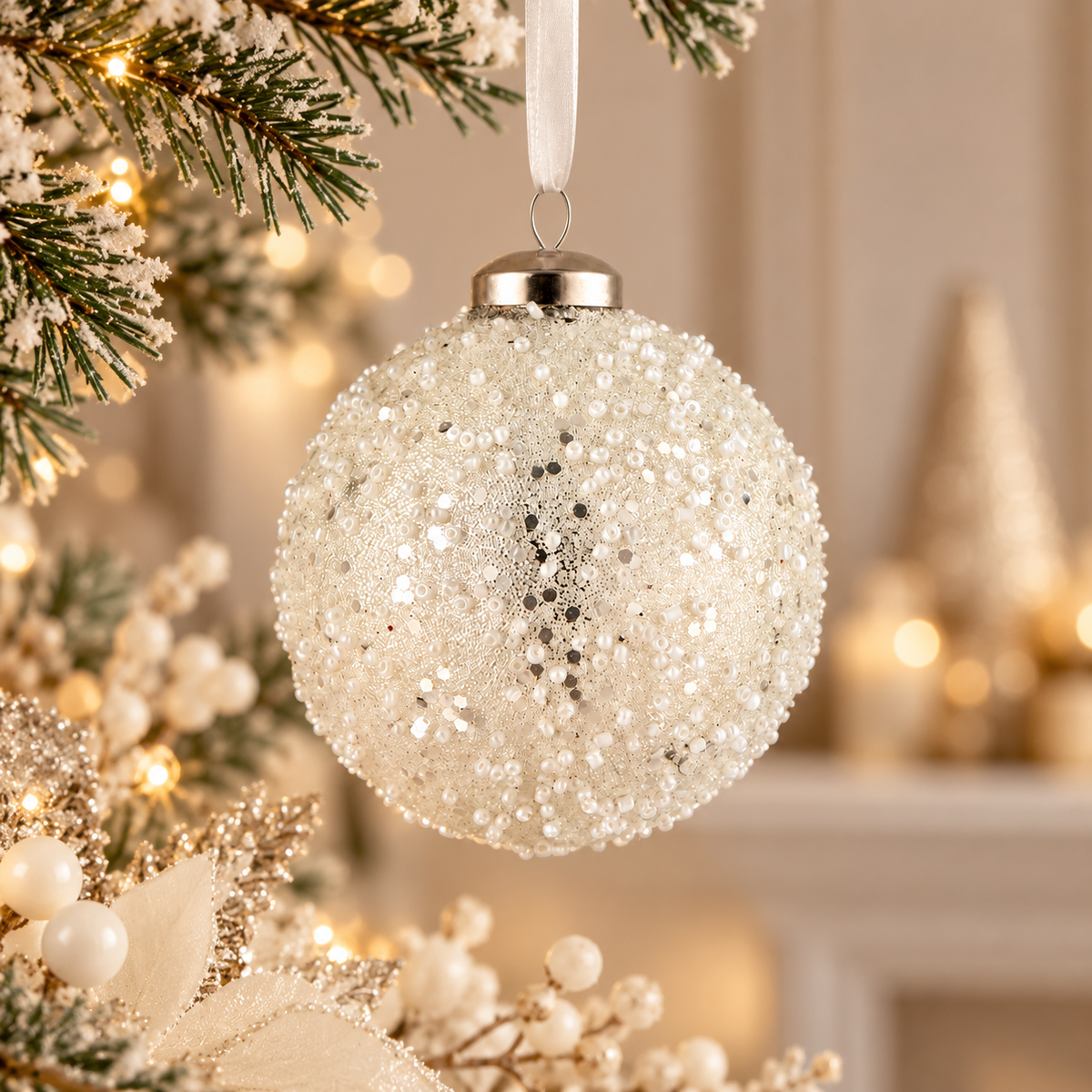 Sfera di Natale in Vetro Bianco Perlato con Perline e Paillettes Argentate – Ø 8 cm