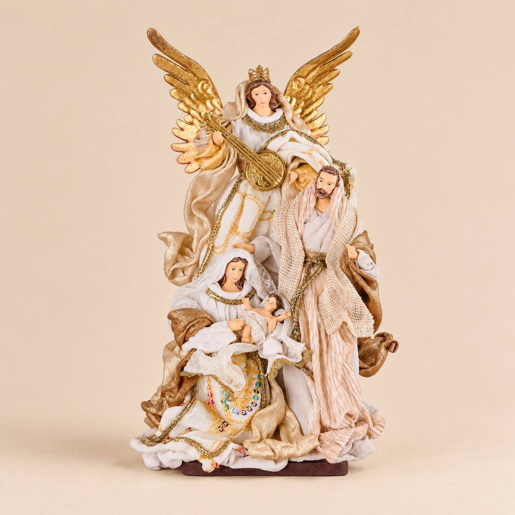 Natività di Natale Canto Celeste con Sacra Famiglia e Angelo Musicante in Abiti Avorio e Oro – 17x15x31 cm
