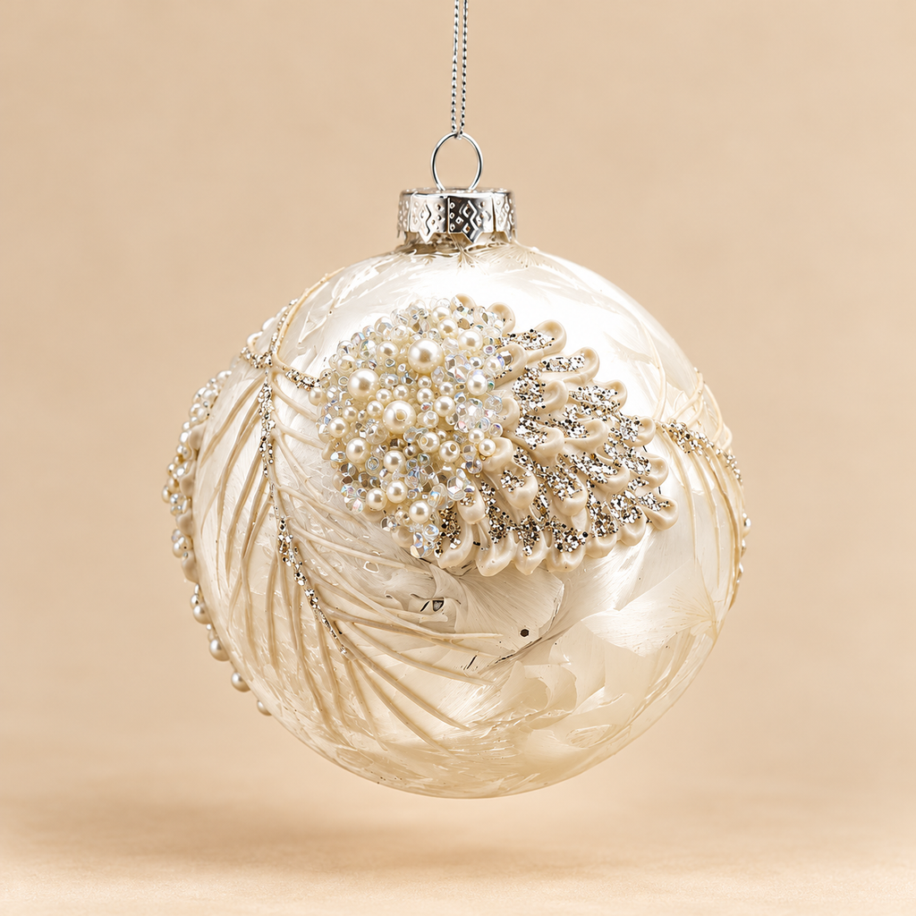 Sfera di Natale in Vetro Bianco Perlato con Decorazioni Floreali, Perline e Glitter Argento – Ø 10 cm
