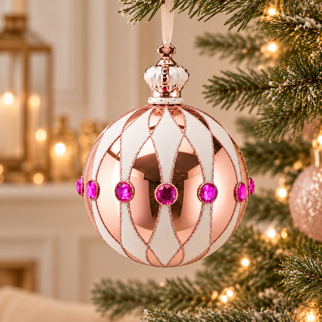 Sfera di Natale EDG in Vetro Rosa Cipria Metallizzato con Corona, Decori Bianchi e Gemme Fucsia – Ø 12 cm