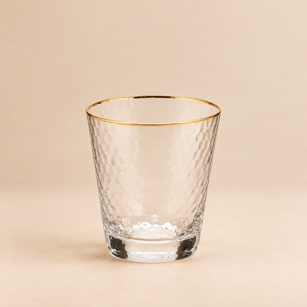 Set 6 Bicchieri in Vetro Trasparente Lavorato con Bordo Oro – 350 ml – Ø 9 x H 10 cm