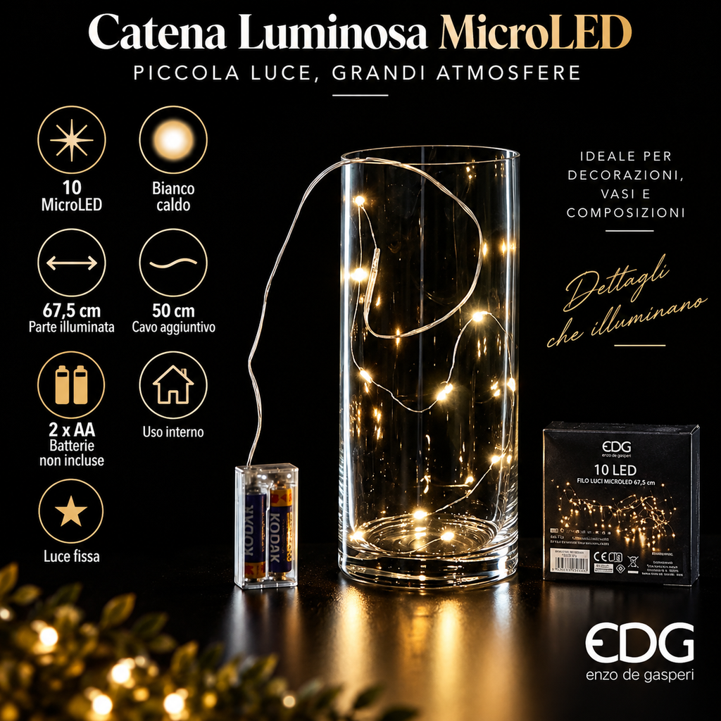 Catena Luminosa MicroLED 10 LED Bianco Caldo 67,5 cm a Batteria - EDG