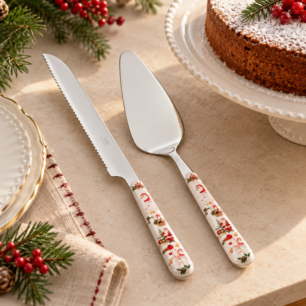 Set Torta Natalizio Carosello con Coltello 28 cm e Pala Torta 25 cm – Acciaio Inox 18/10 con Manici Decorati