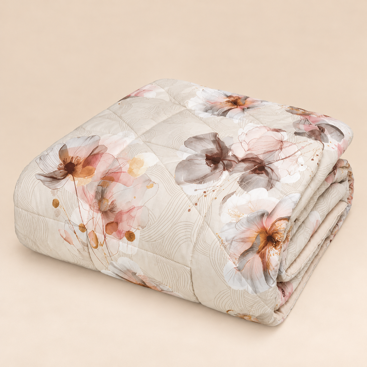 Trapunta Matrimoniale Invernale Double-Face in Percalle di Cotone Riciclato 200 T.C. con Fantasia Floreale Rosa e Tortora 270 x 270 cm – Tessitura Randi