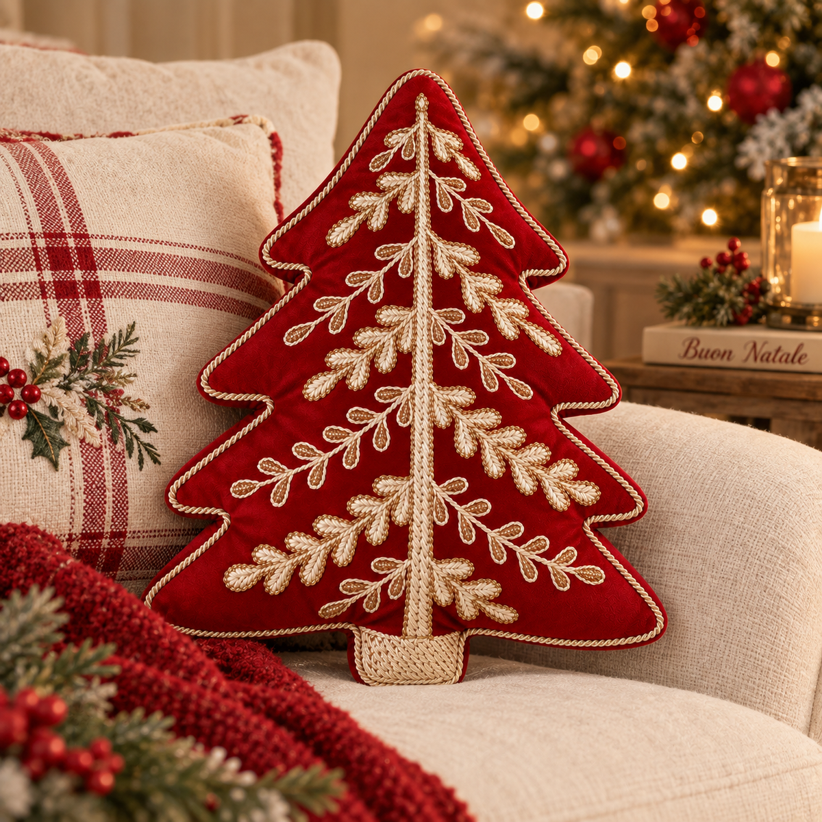 Cuscino Natalizio Sagomato Albero Rosso con Applicazioni Oro 32 x 42 cm