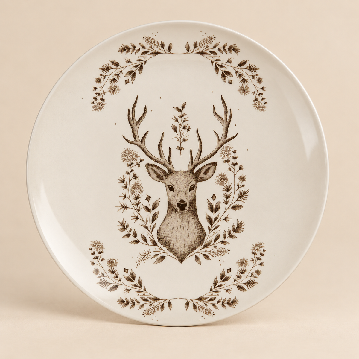 Piatto da Dessert Natalizio Winter Woodland in Porcellana con Cervo Beige Ø20 cm