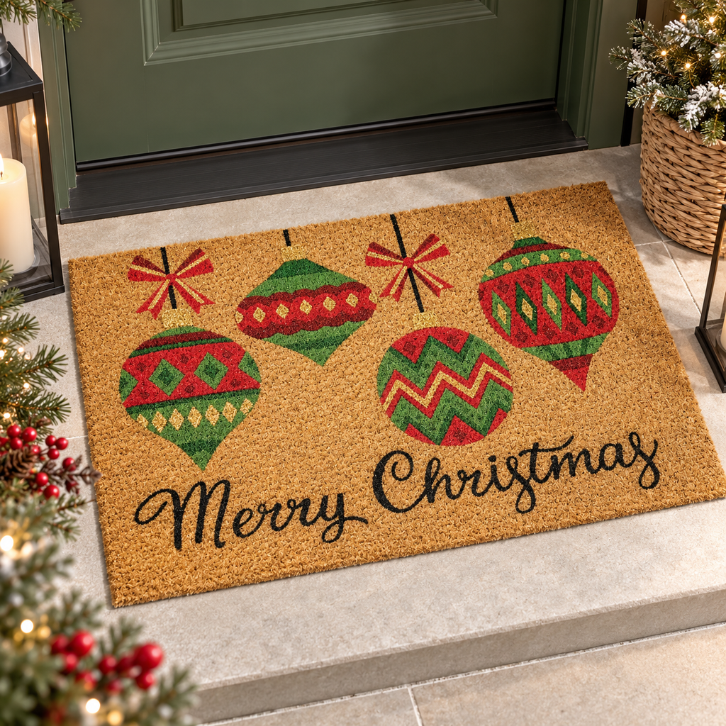 Zerbino Natalizio in Fibra di Cocco Naturale con Palline di Natale Rosse Verdi e Oro e Scritta Merry Christmas – Collezione Benvenuto Natale! 75x45 cm